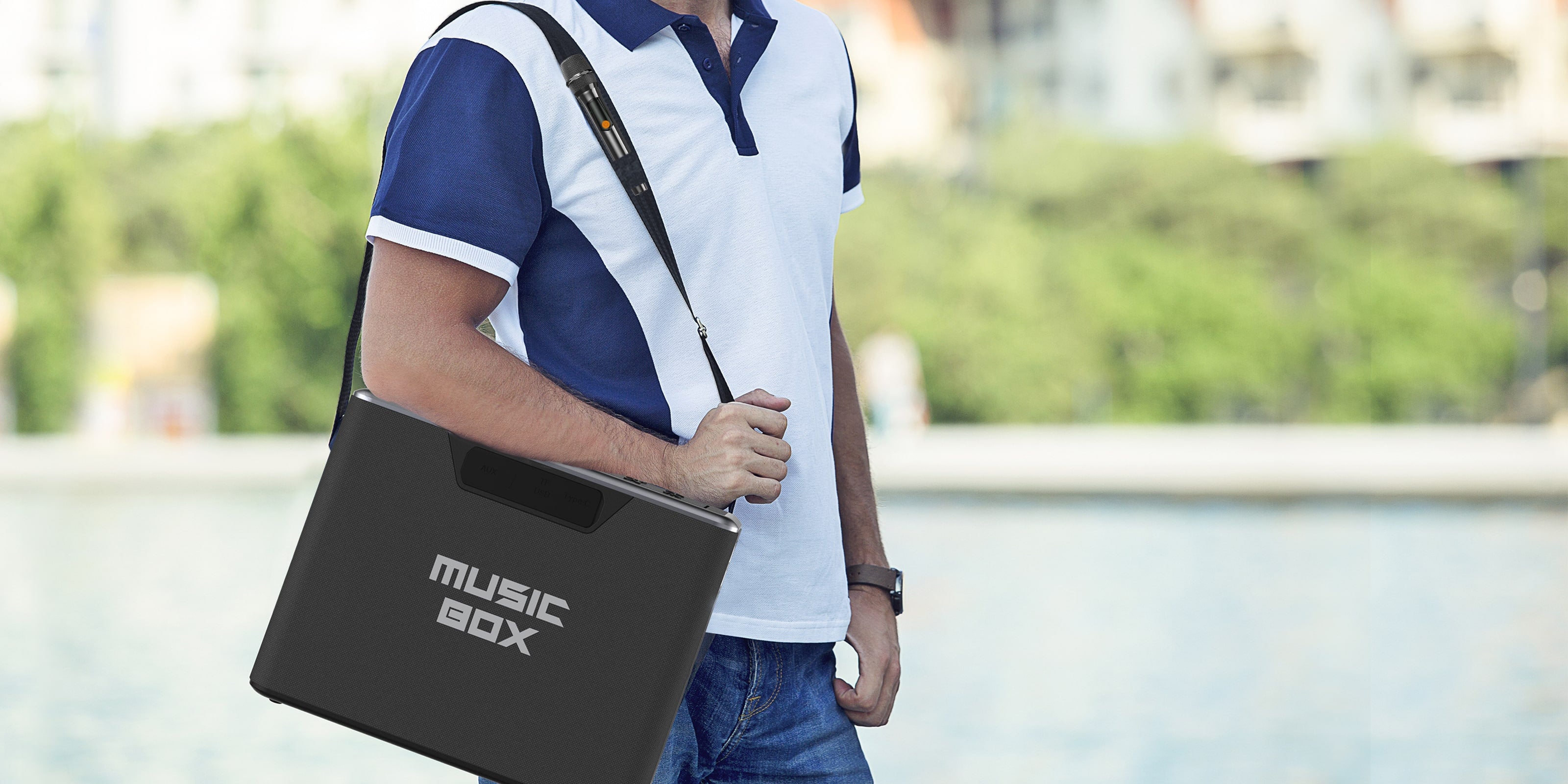 MusicBox speaker with carrying strap