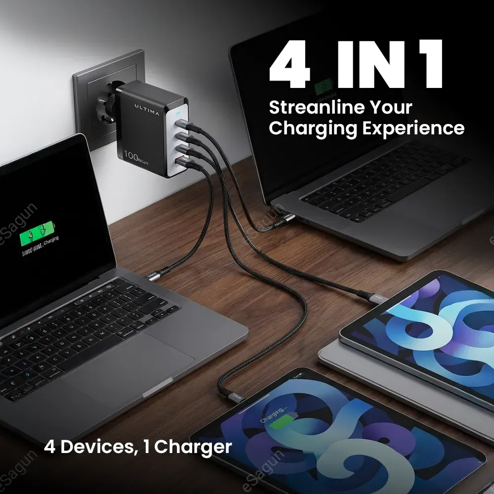 Ultima Rapid 100W GaN 4-Port Fast Charger in Nepal | 3 Type-C PD & USB-A Charger