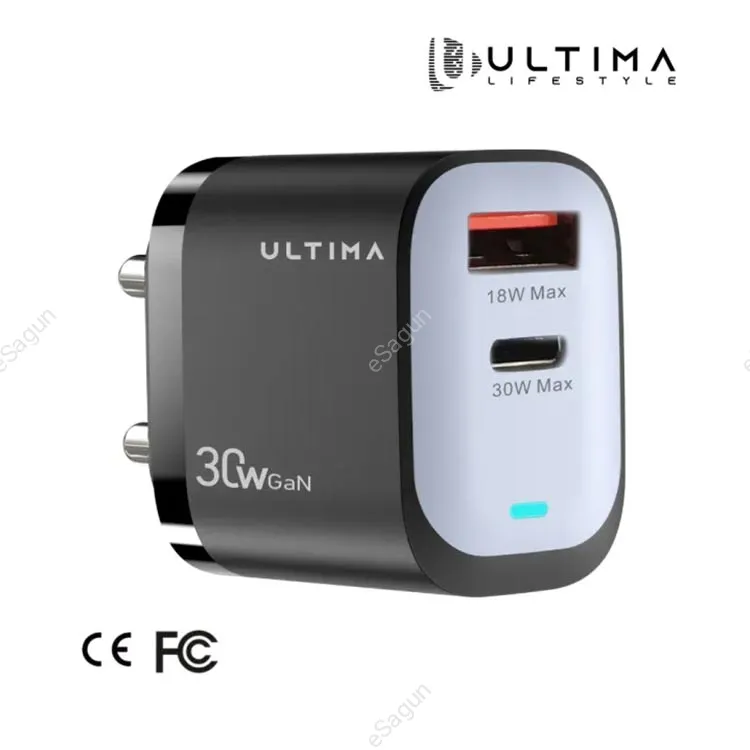 Ultima Rapid 30W Dual Port GaN Fast Charger (USB-A + Type-C PD)