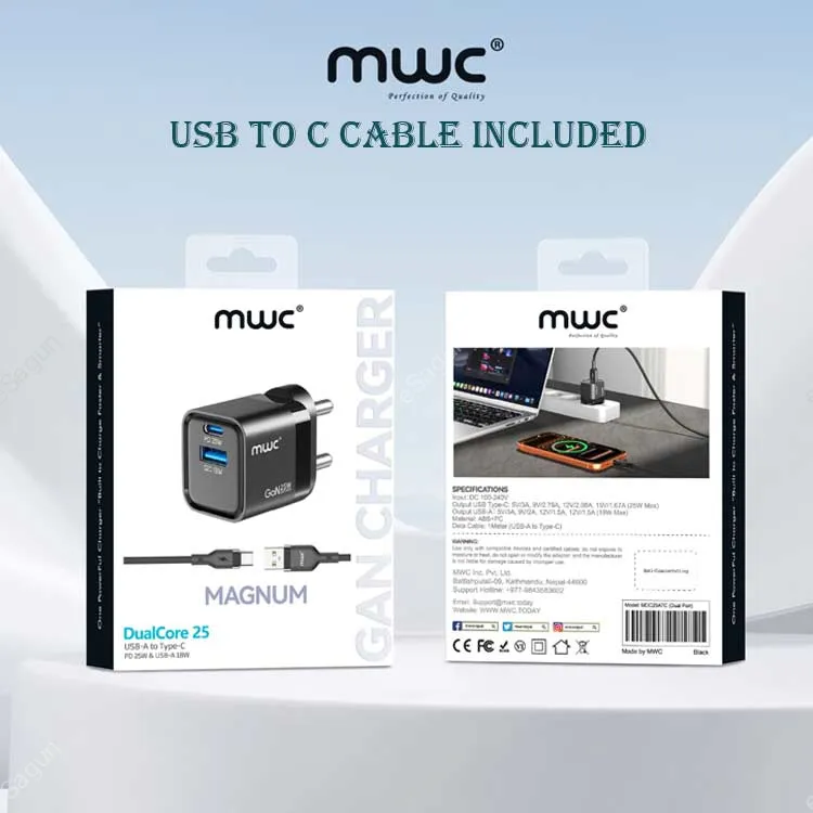 MWC Magnum DualCore 25W GaN Charger (USB-A + Type-C) USB TO C