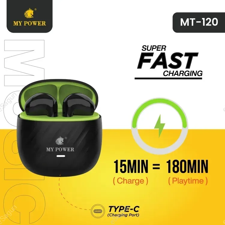MY Power MT120 Earbuds With Loud Sound & high Bass| Type-C Charging Port Wireless Earbuds 6 Months Warranty