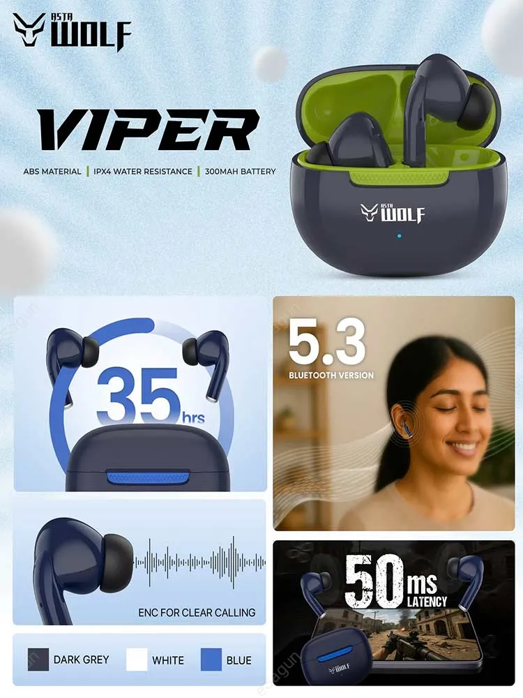 Asta Wolf Viper True Wireless Earbuds (35H Playtime, ENC, Low Latency)