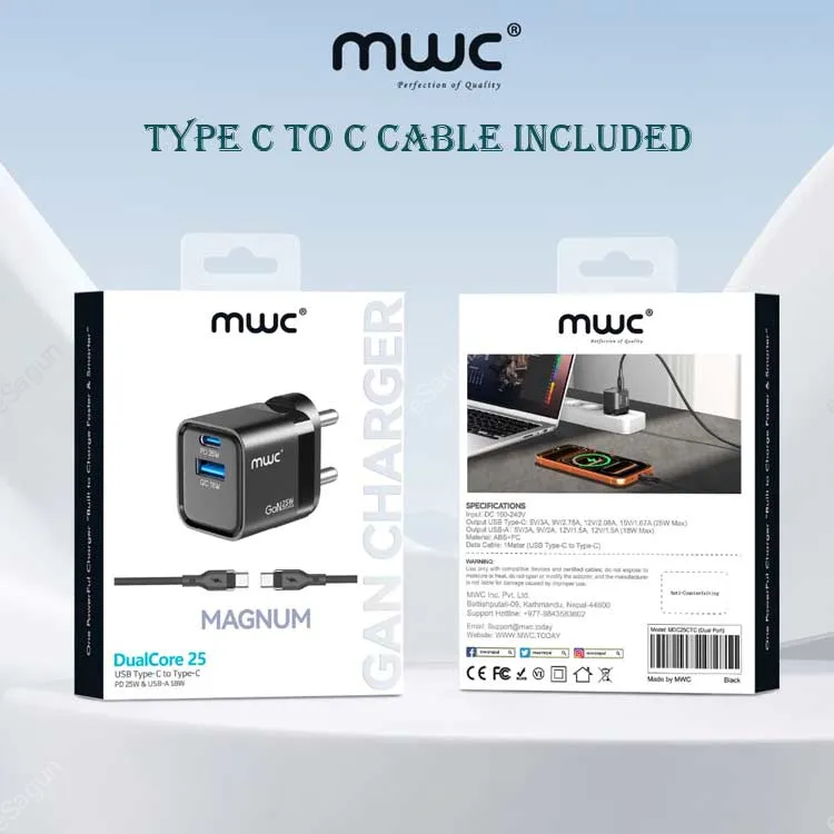 MWC Magnum DualCore 25W GaN Charger (USB-A + Type-C) C To C Cable