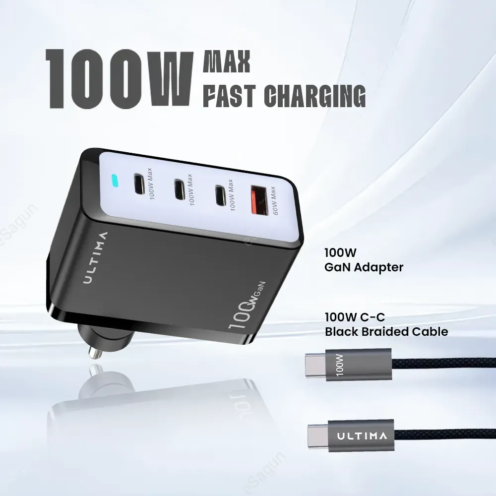 Ultima Rapid 100W GaN 4-Port Fast Charger in Nepal | 3 Type-C PD & USB-A Charger