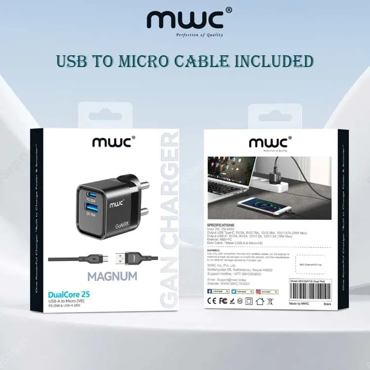 MWC Magnum DualCore 25W GaN Charger (USB-A + Type-C) Micro Cable