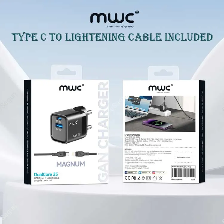 MWC Magnum DualCore 25W GaN Charger (USB-A + Type-C) C To L Cable