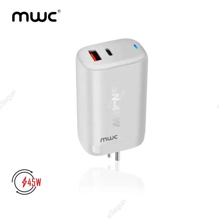 MWC 45W Dual Port (A+C) GaN Charging Adapter | MUCA45W | Compatible with All Brands | USB-A + USB-C Dual Port - White